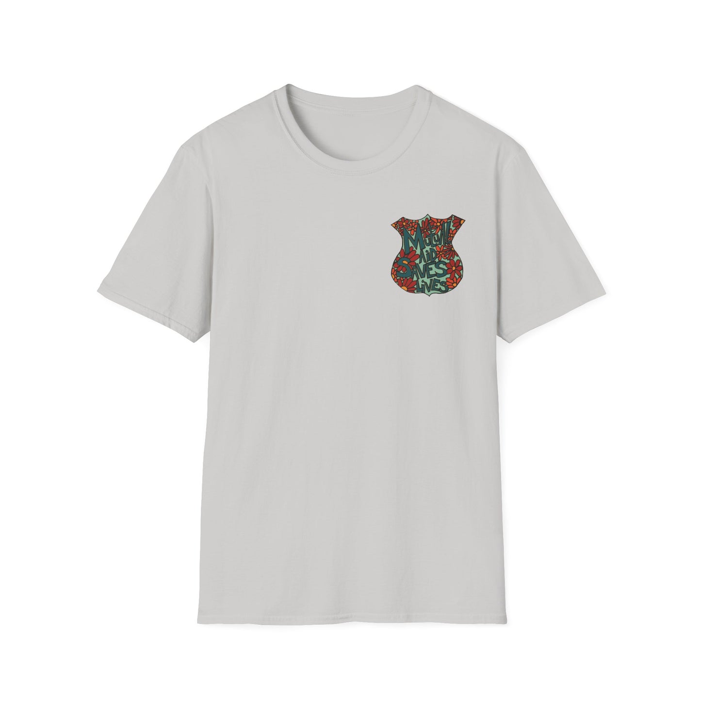 Vintage Floral Shield T‑Shirt — 'Mutual Aid Saves Lives' Pocket Graphic