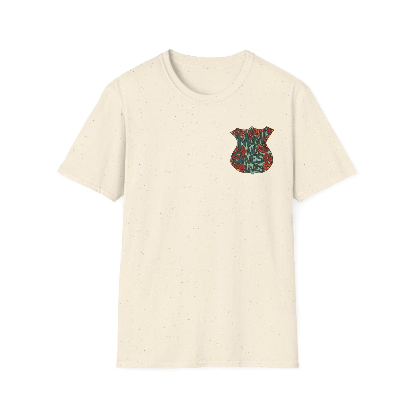 Vintage Floral Shield T‑Shirt — 'Mutual Aid Saves Lives' Pocket Graphic