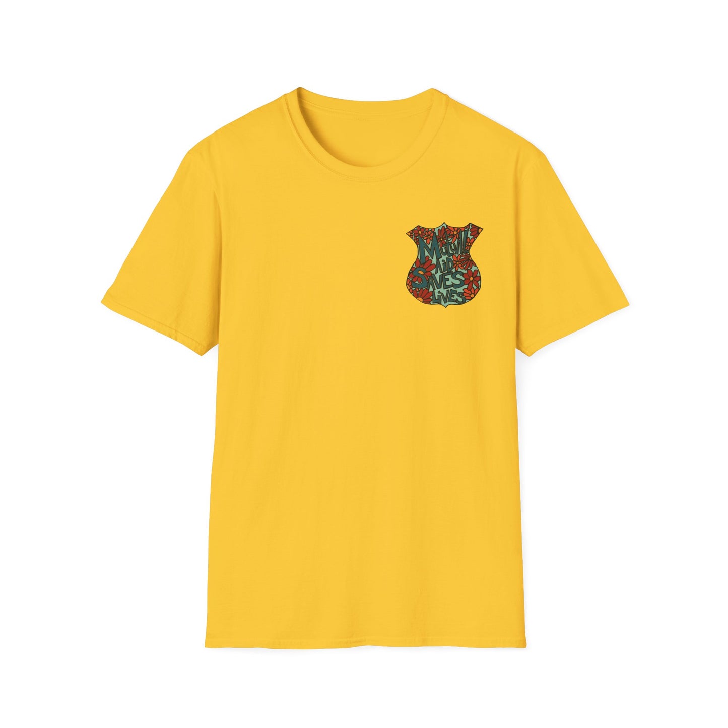 Vintage Floral Shield T‑Shirt — 'Mutual Aid Saves Lives' Pocket Graphic
