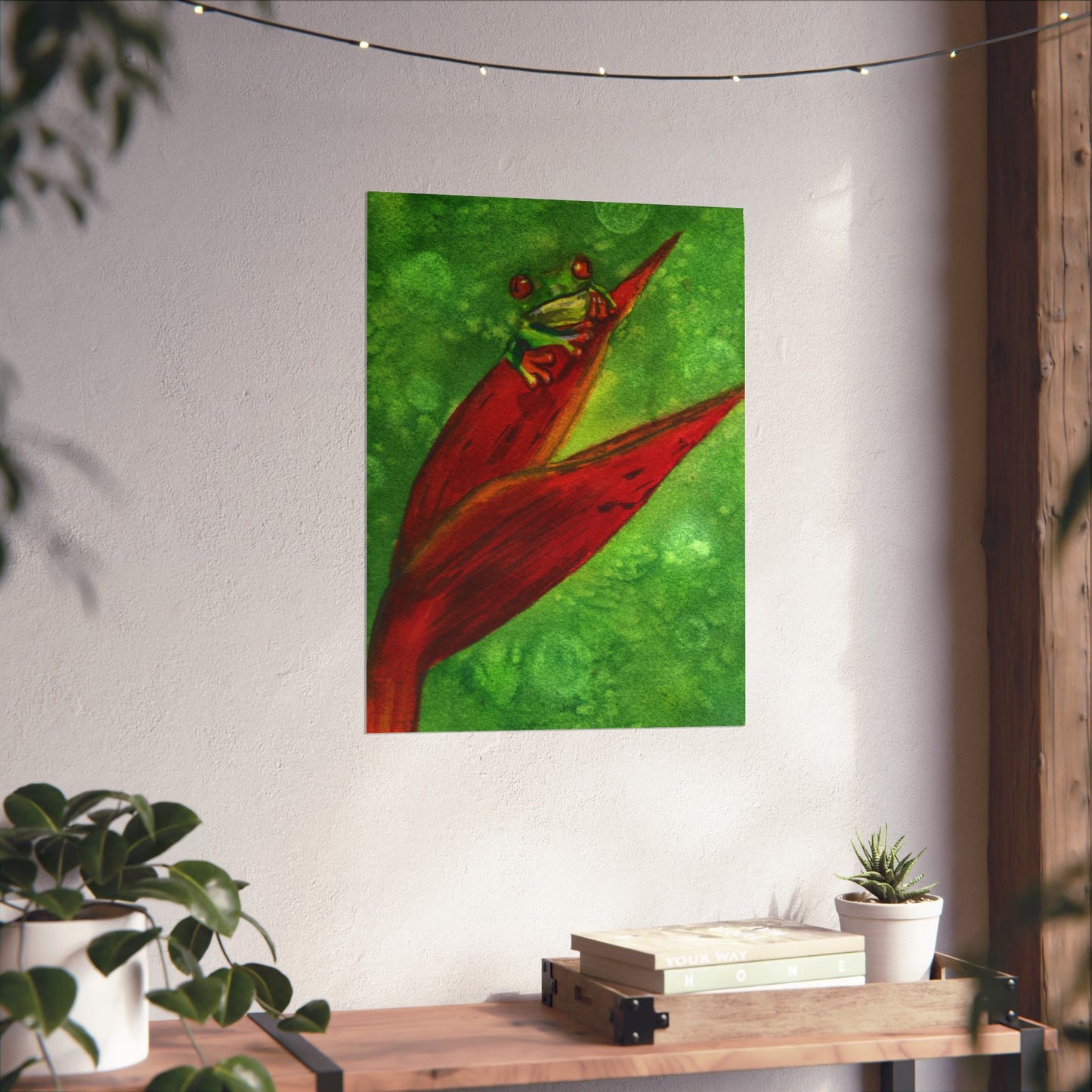 Tropical Tree Frog Art Poster | Green Watercolor Frog on Red Heliconia (Matte Vertical)