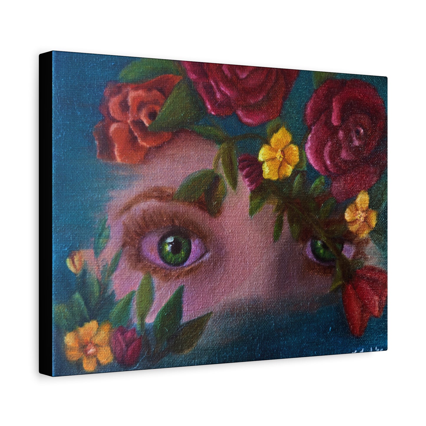 Floral Gaze Matte Stretched Canvas Art — Surreal Eyes with Rose Wreath