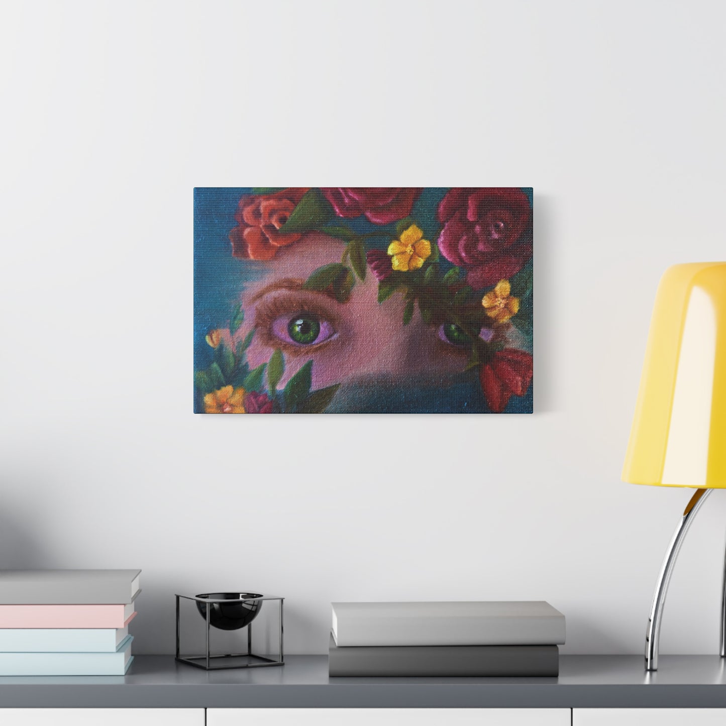 Floral Gaze Matte Stretched Canvas Art — Surreal Eyes with Rose Wreath