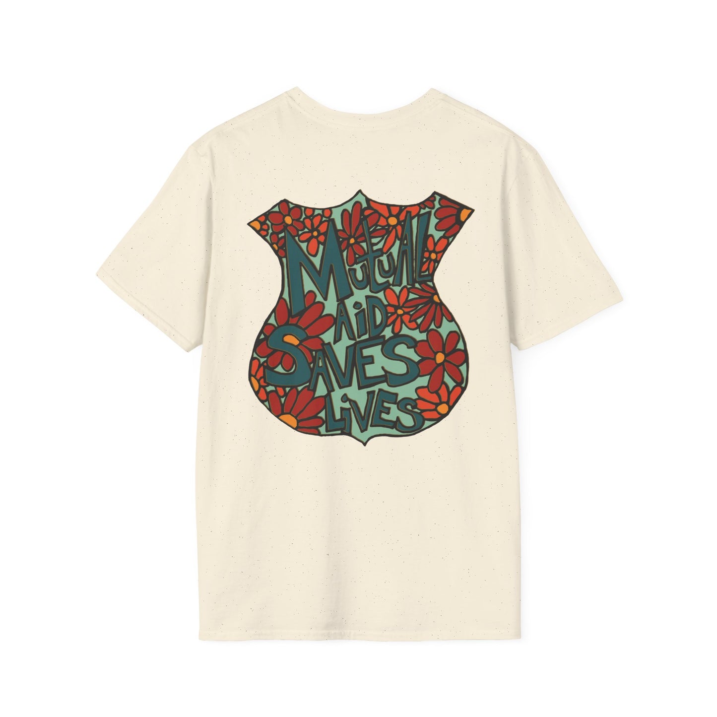 Vintage Floral Shield T‑Shirt — 'Mutual Aid Saves Lives' Pocket Graphic