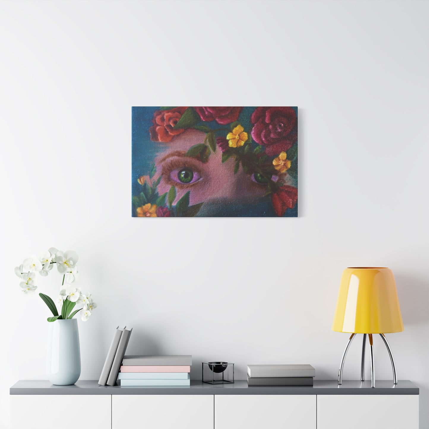 Floral Gaze Matte Stretched Canvas Art — Surreal Eyes with Rose Wreath