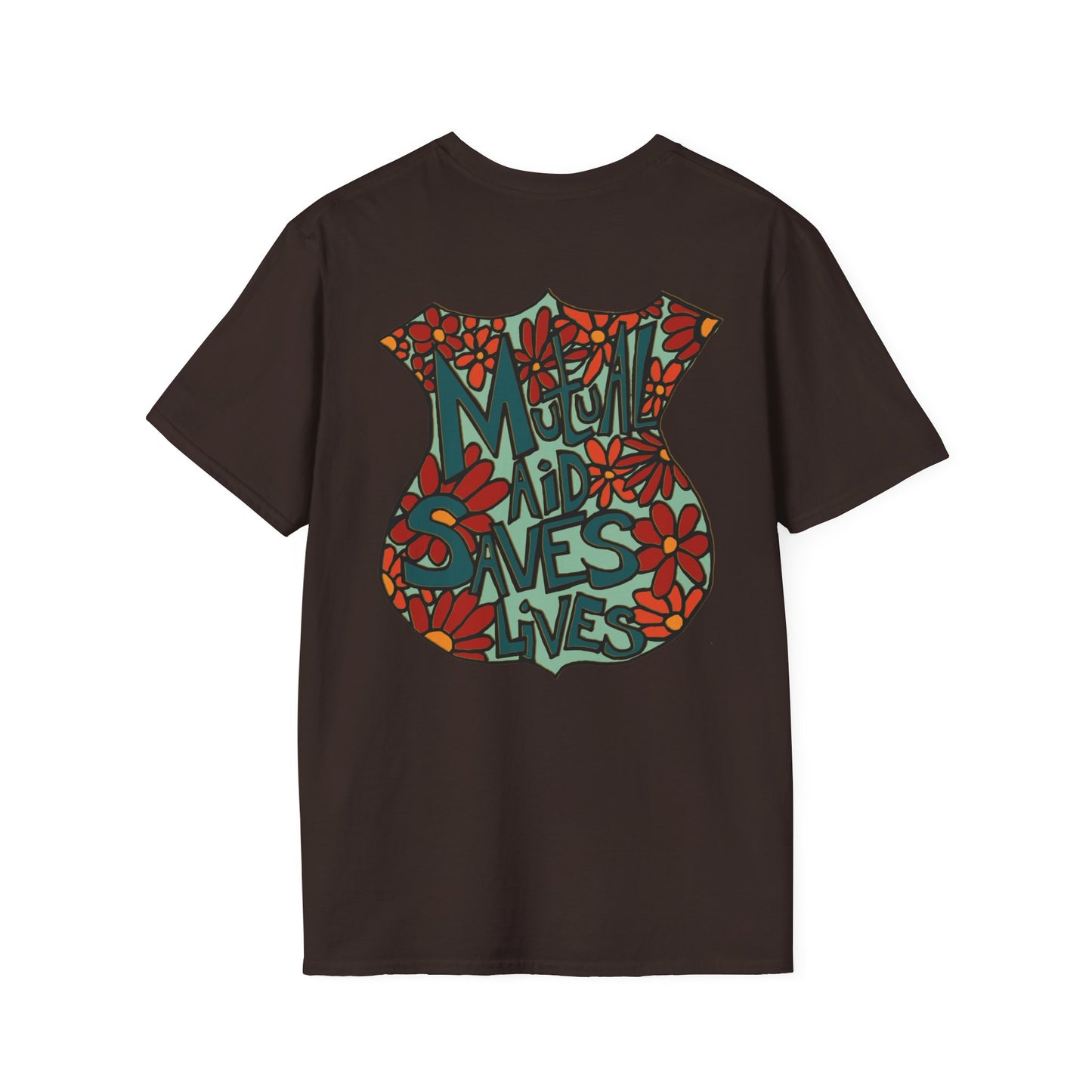 Vintage Floral Shield T‑Shirt — 'Mutual Aid Saves Lives' Pocket Graphic