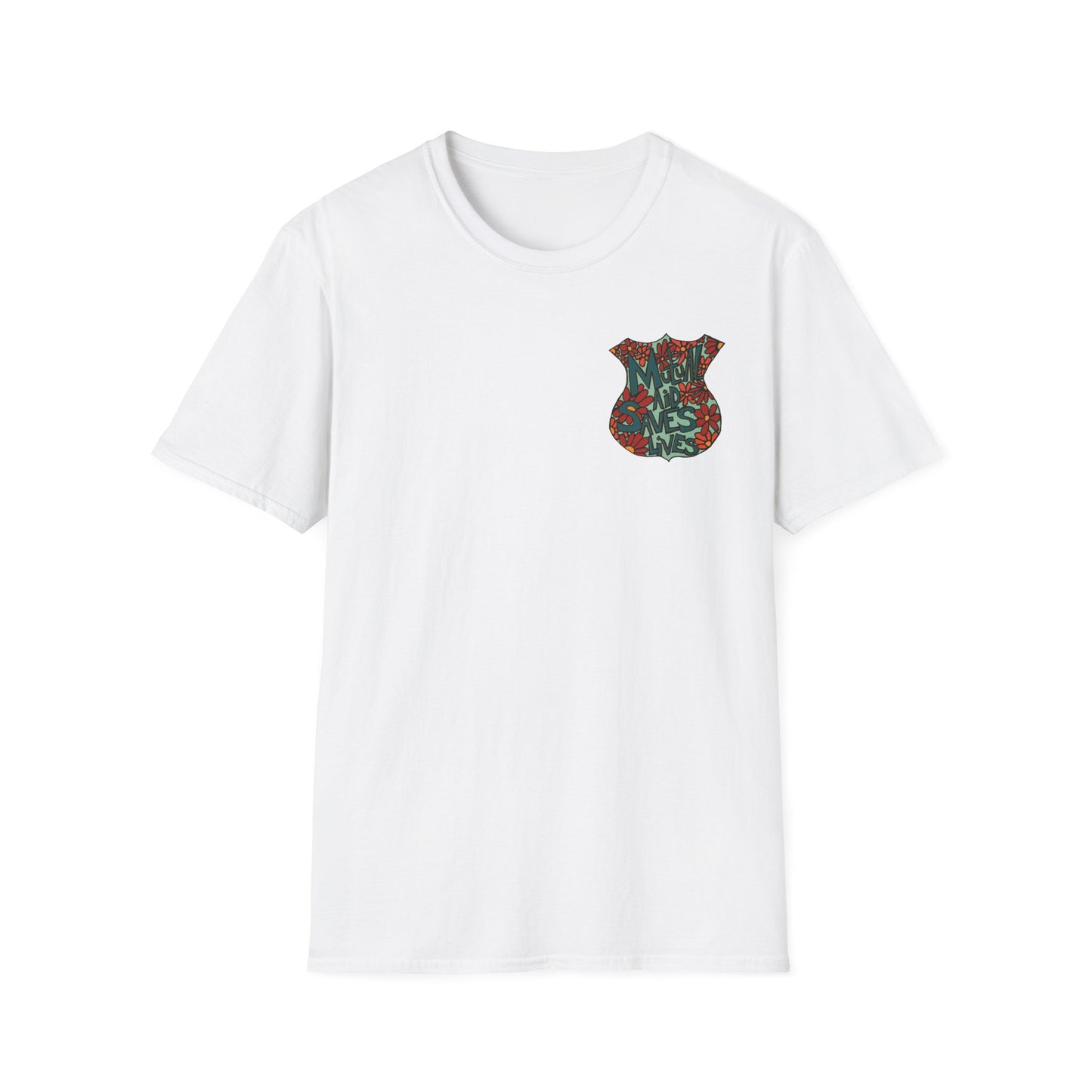 Vintage Floral Shield T‑Shirt — 'Mutual Aid Saves Lives' Pocket Graphic