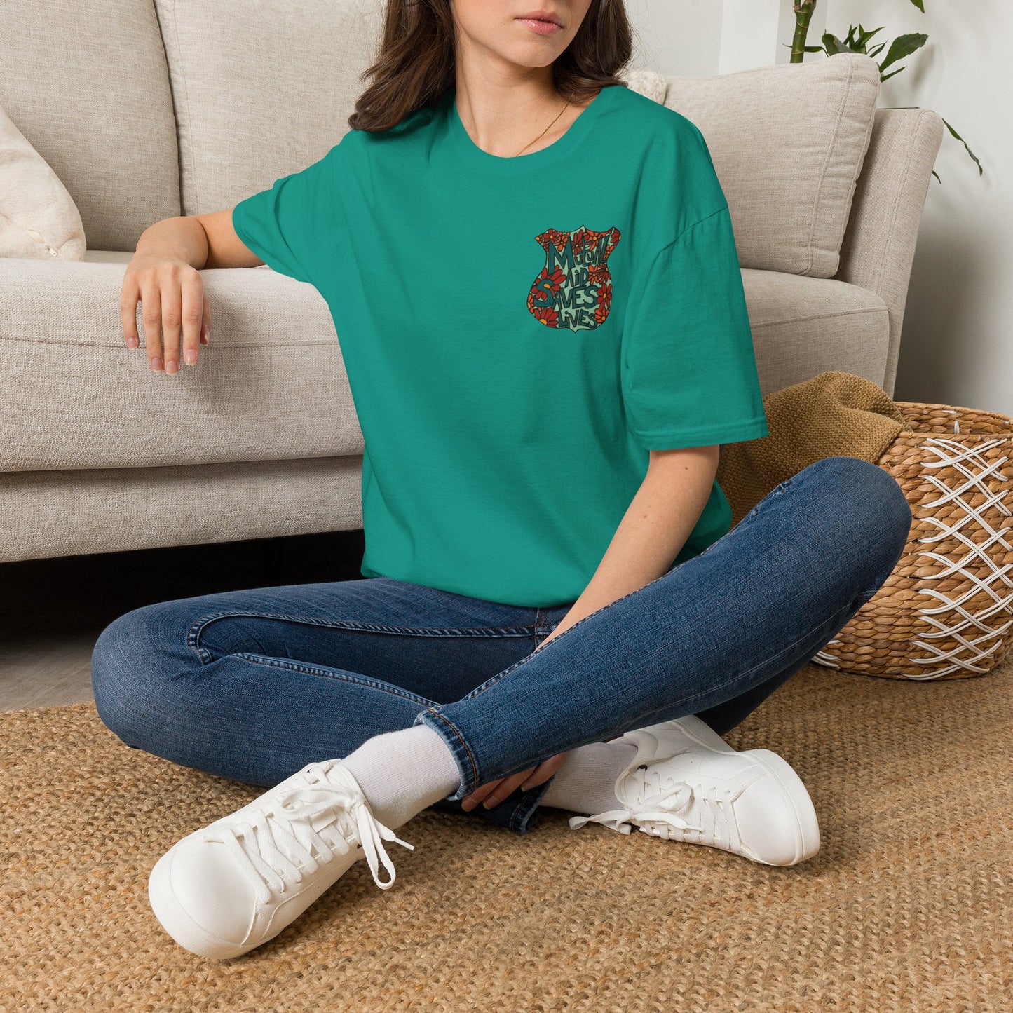 Vintage Floral Shield T‑Shirt — 'Mutual Aid Saves Lives' Pocket Graphic