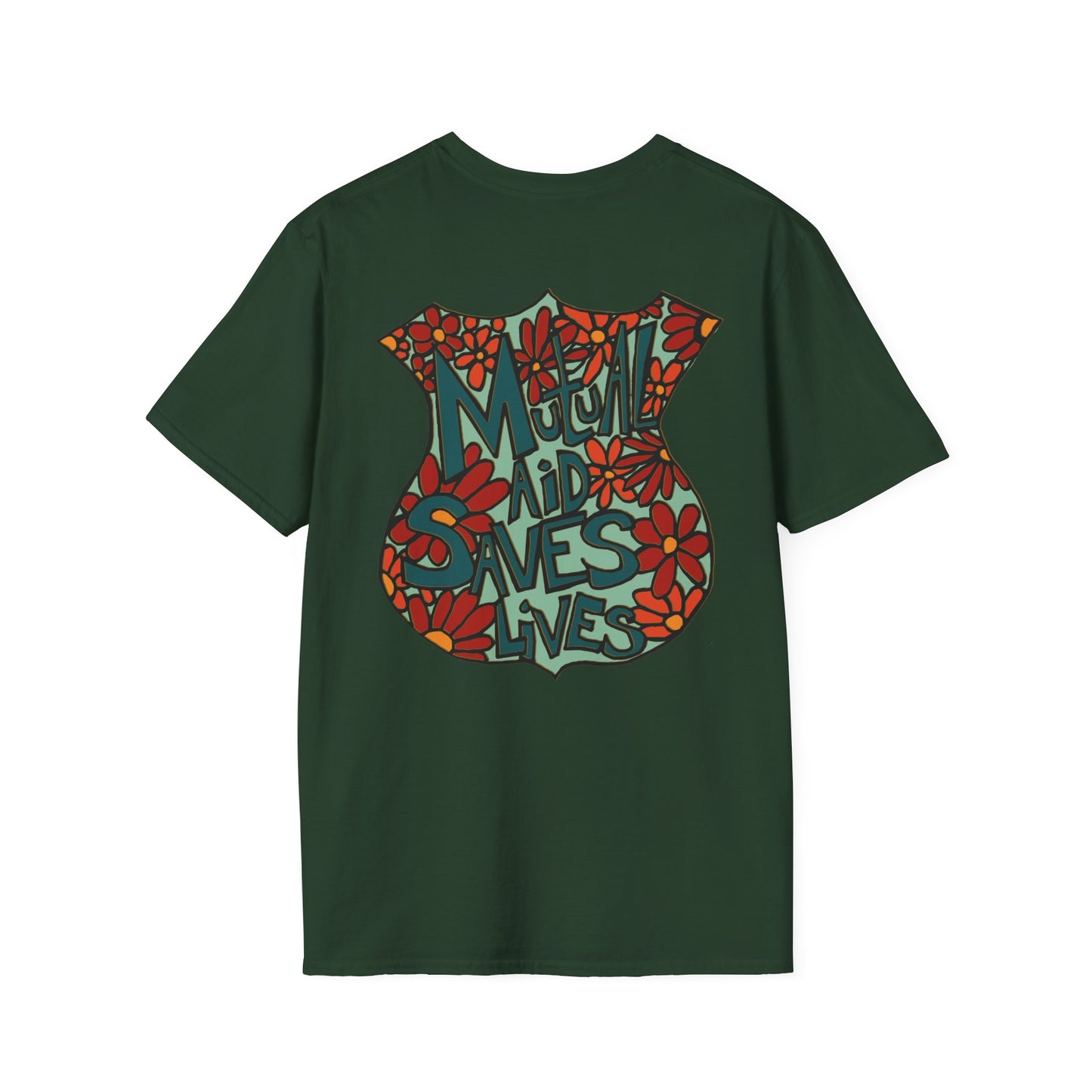 Vintage Floral Shield T‑Shirt — 'Mutual Aid Saves Lives' Pocket Graphic