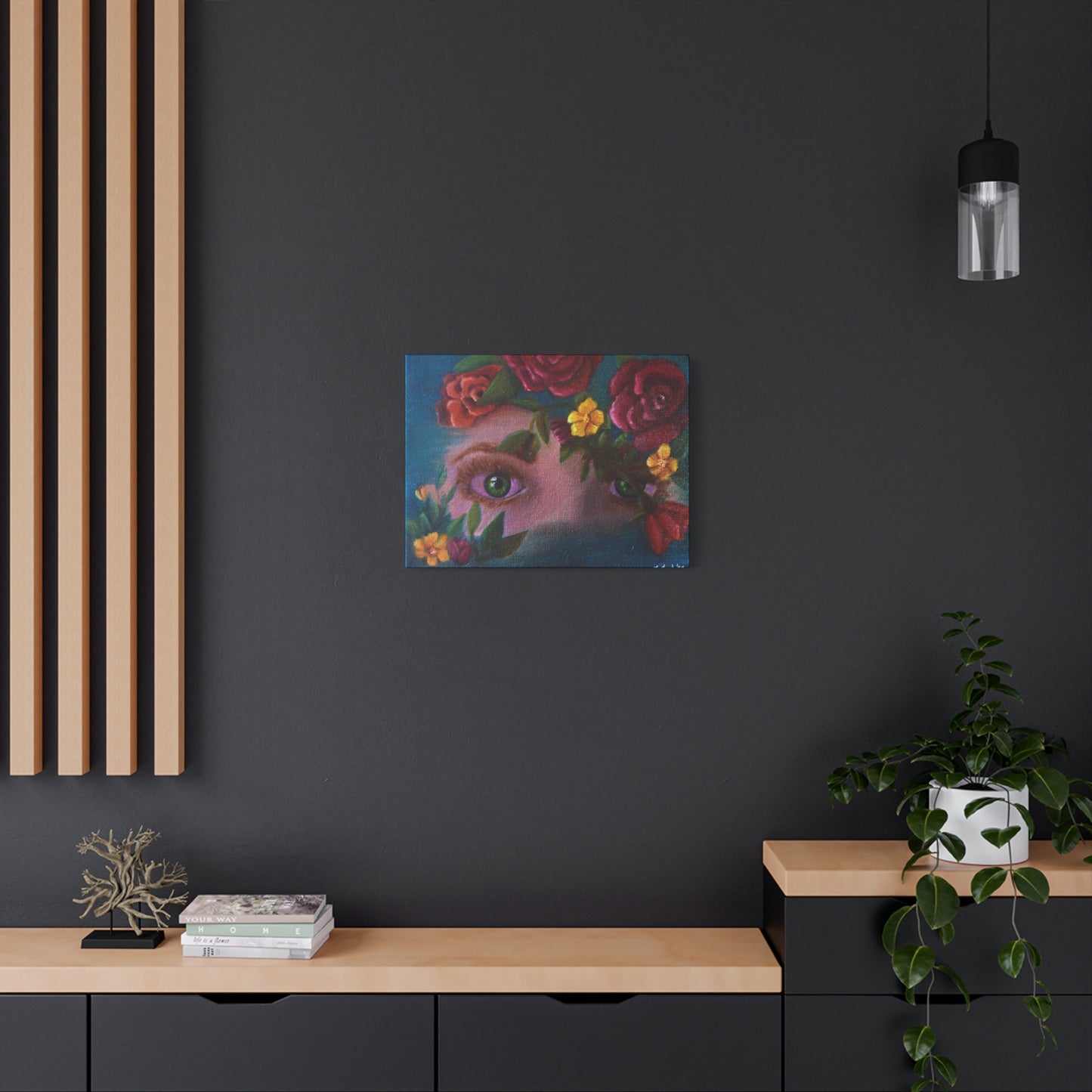 Floral Gaze Matte Stretched Canvas Art — Surreal Eyes with Rose Wreath