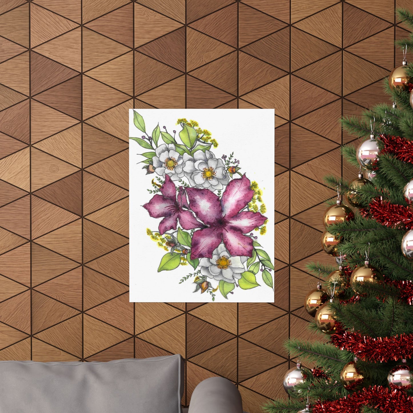 Floral Watercolor Poster | Pink Lily & White Blossoms Matte Vertical Print