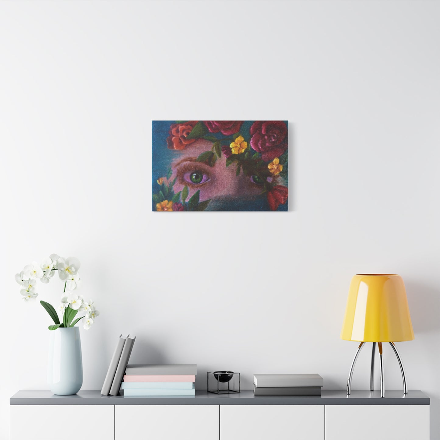 Floral Gaze Matte Stretched Canvas Art — Surreal Eyes with Rose Wreath