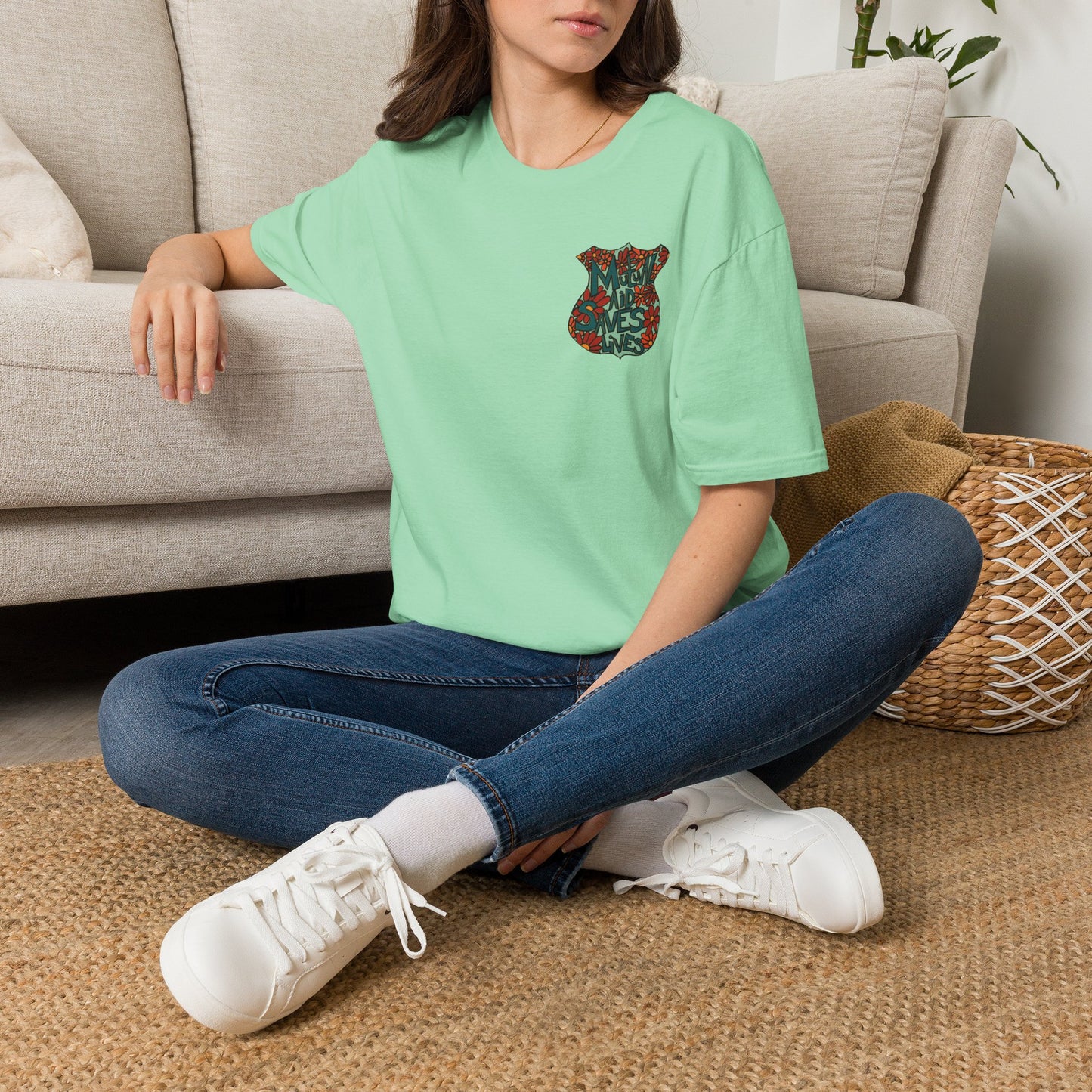 Vintage Floral Shield T‑Shirt — 'Mutual Aid Saves Lives' Pocket Graphic