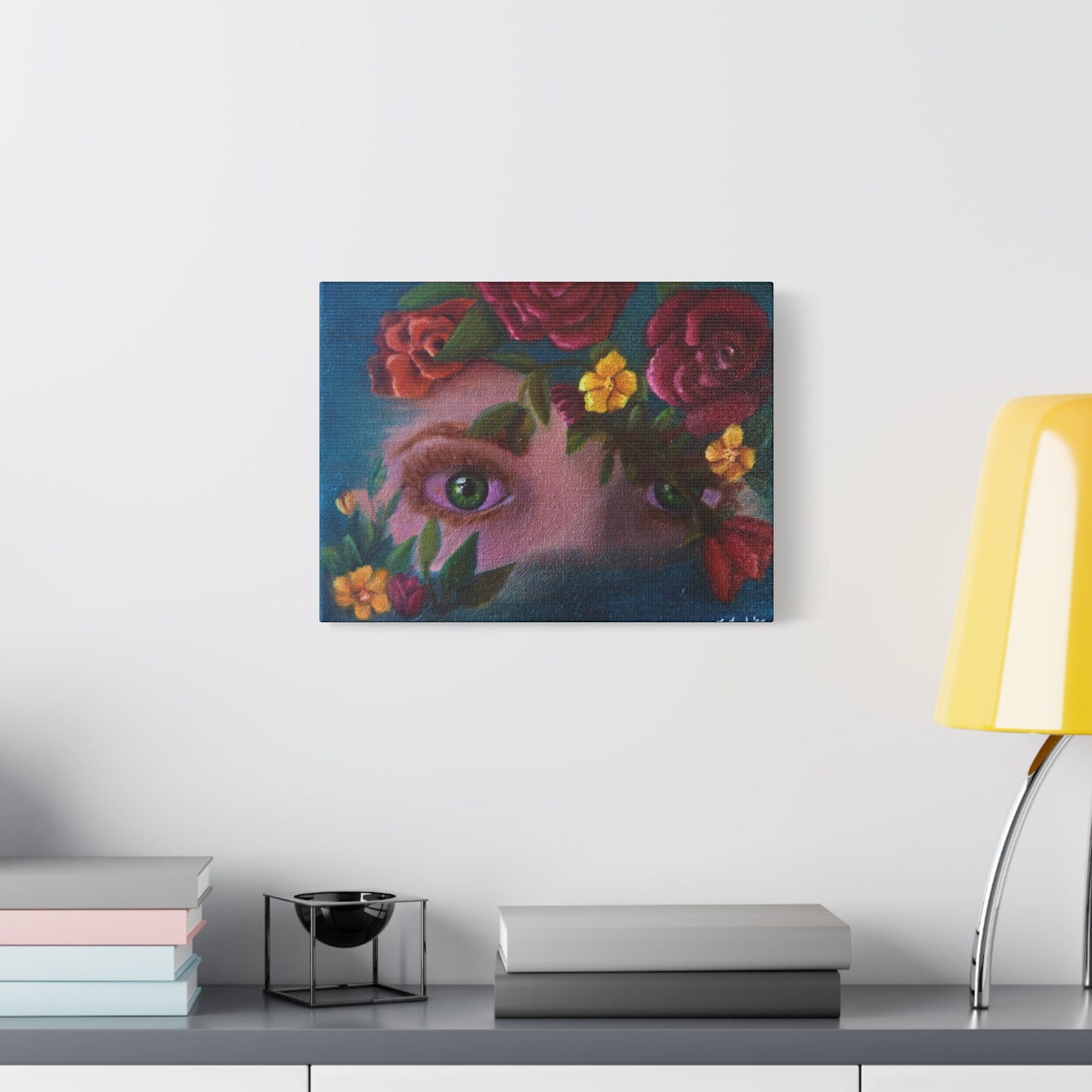 Floral Gaze Matte Stretched Canvas Art — Surreal Eyes with Rose Wreath