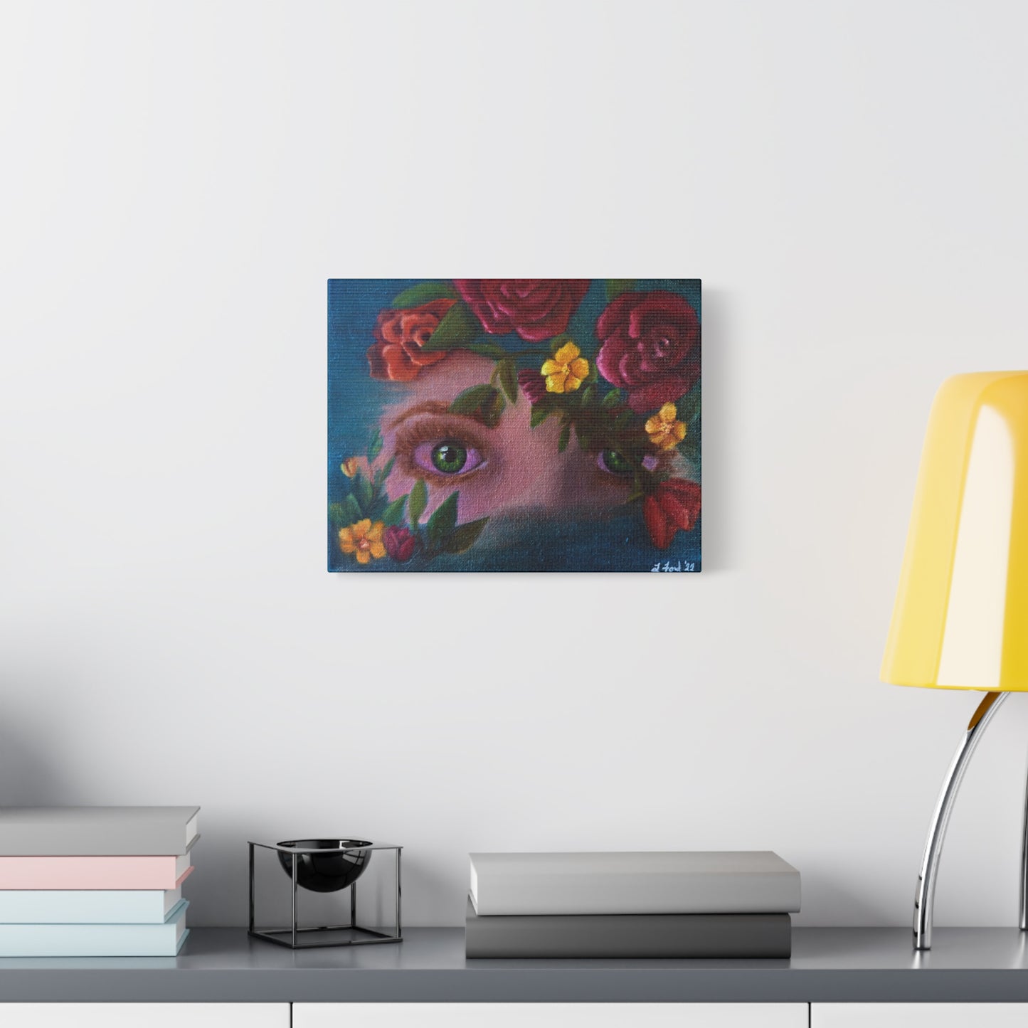 Floral Gaze Matte Stretched Canvas Art — Surreal Eyes with Rose Wreath