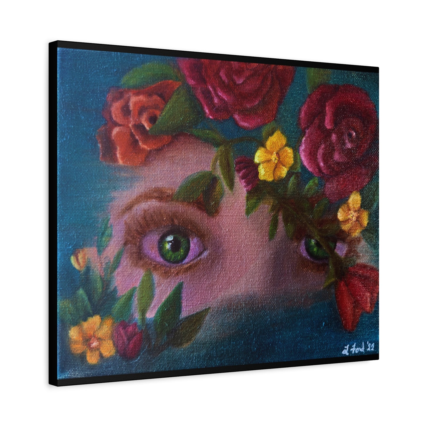 Floral Gaze Matte Stretched Canvas Art — Surreal Eyes with Rose Wreath