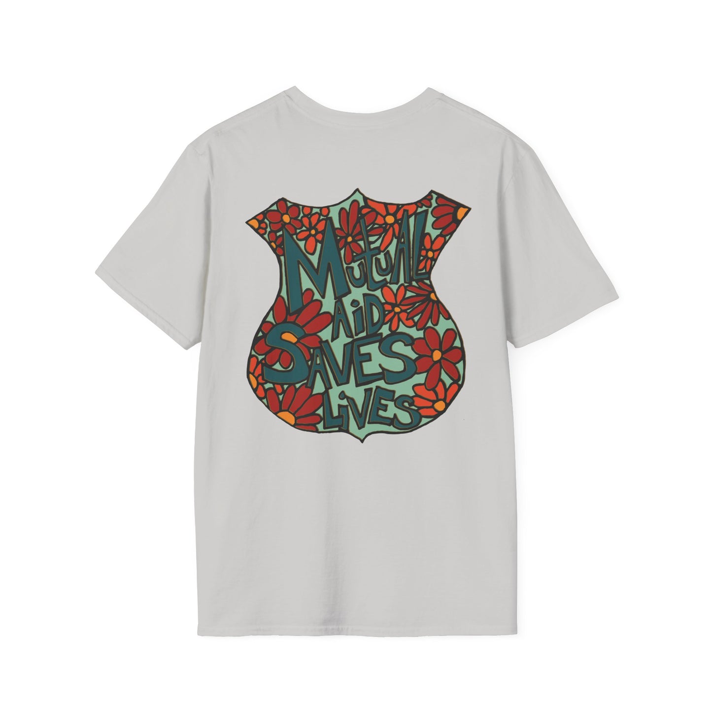 Vintage Floral Shield T‑Shirt — 'Mutual Aid Saves Lives' Pocket Graphic