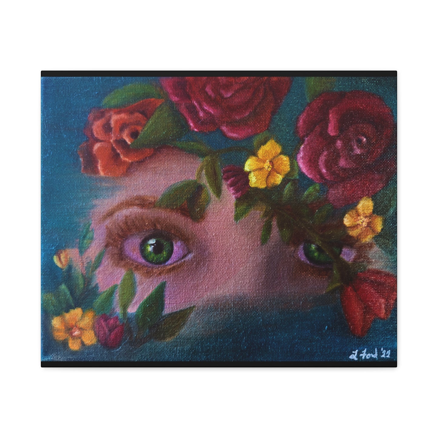 Floral Gaze Matte Stretched Canvas Art — Surreal Eyes with Rose Wreath