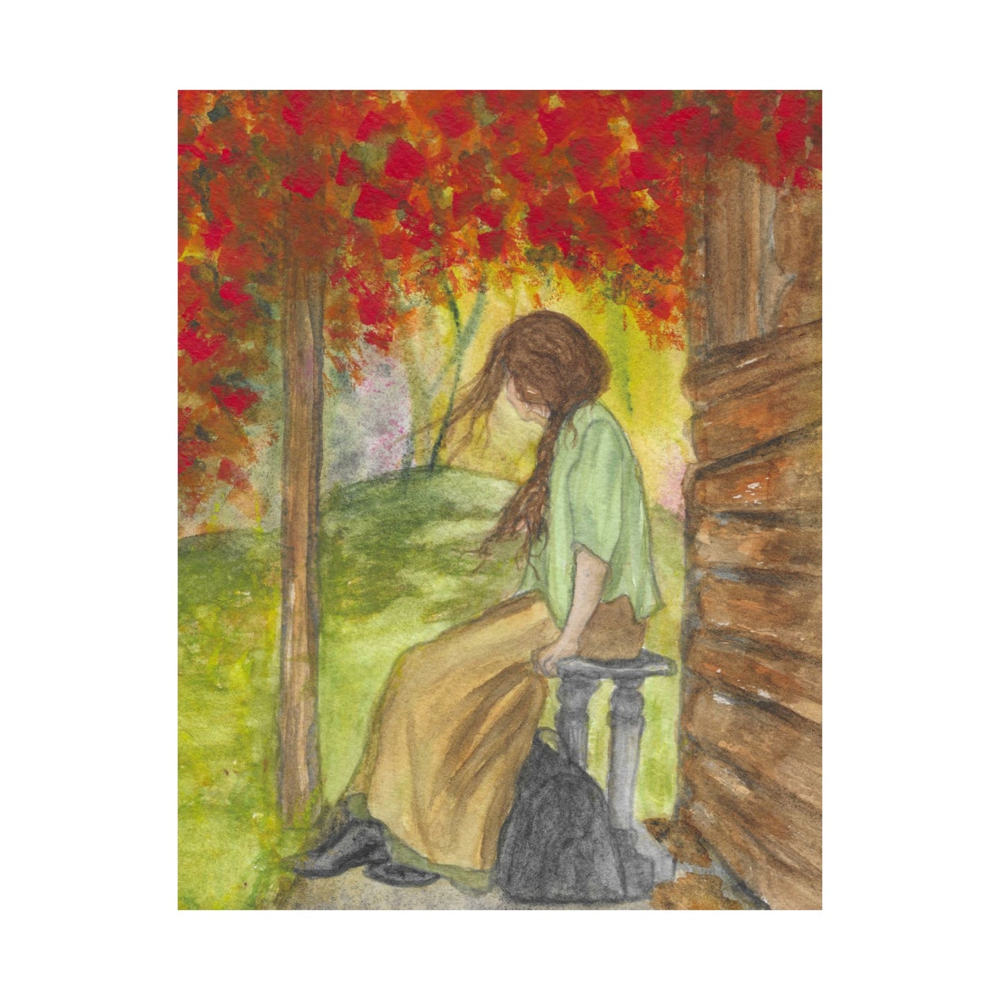 Autumn Porch Daydream Matte Poster — Girl with Red Leaves Art Print