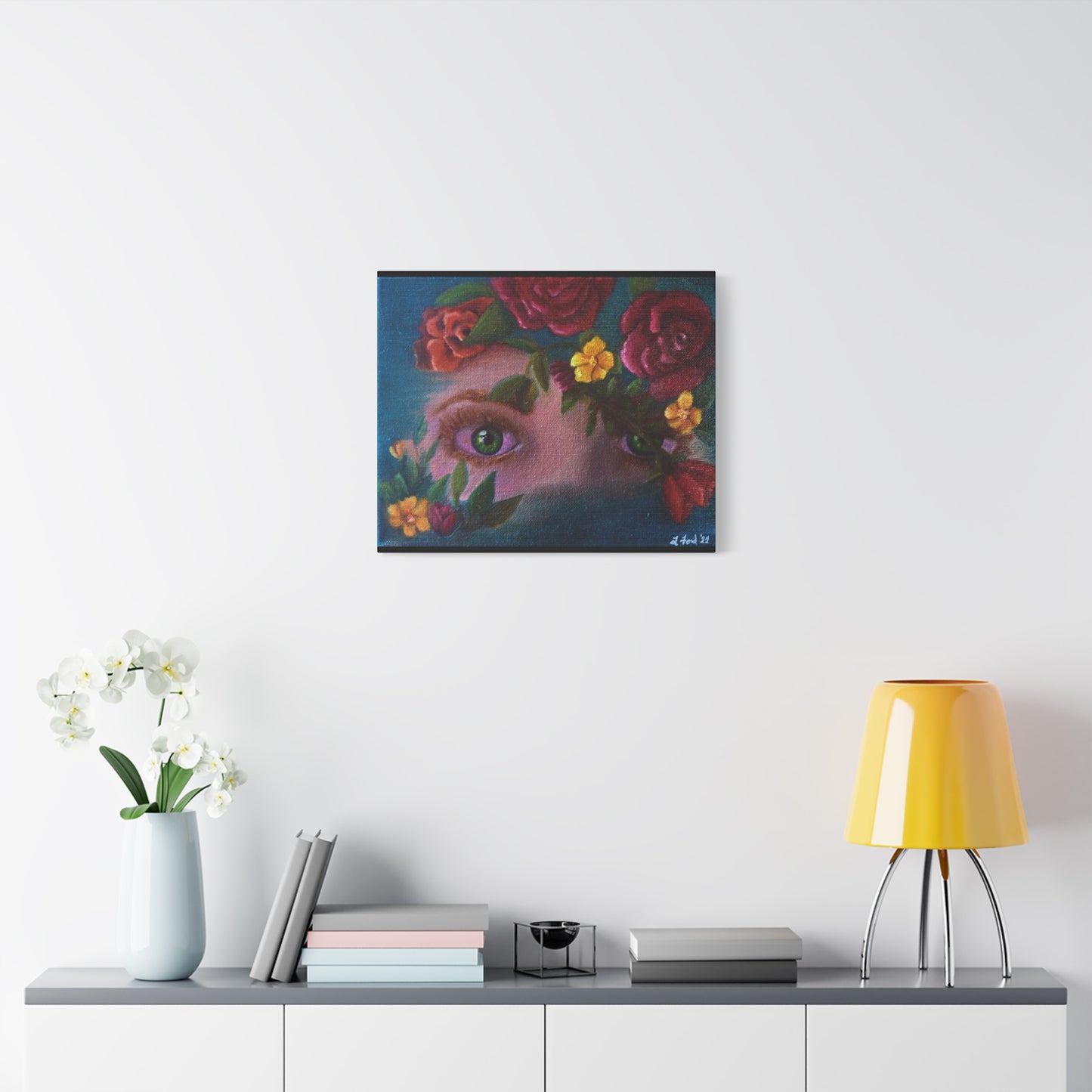 Floral Gaze Matte Stretched Canvas Art — Surreal Eyes with Rose Wreath